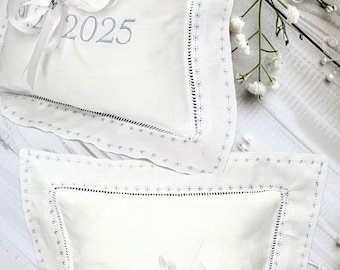 Ring bearer pillow personalized linen hemstitch Swiss dots ring cushion embroidered Monogrammed Engagement custom ring bearer linen pillow
