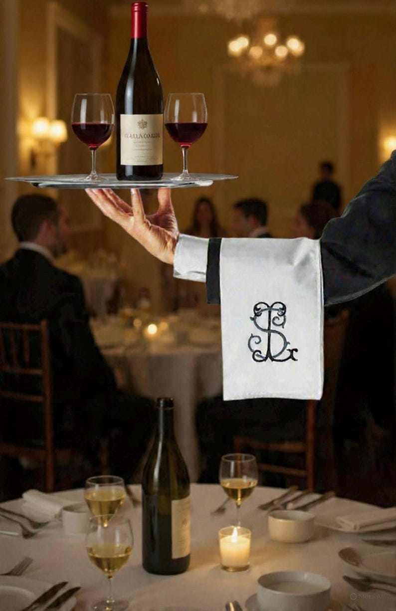May include: A waiter holds a silver tray with a bottle of red wine and two wine glasses filled with red wine. A white napkin with black embroidery is draped over the waiter's arm. The scene is set in a restaurant.