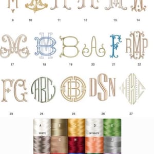 May include: A collection of embroidered monograms and thread spools. The monograms feature various letter combinations in different styles and colors. The thread spools are arranged in a grid, showcasing a range of colors, including white, red, and blue.