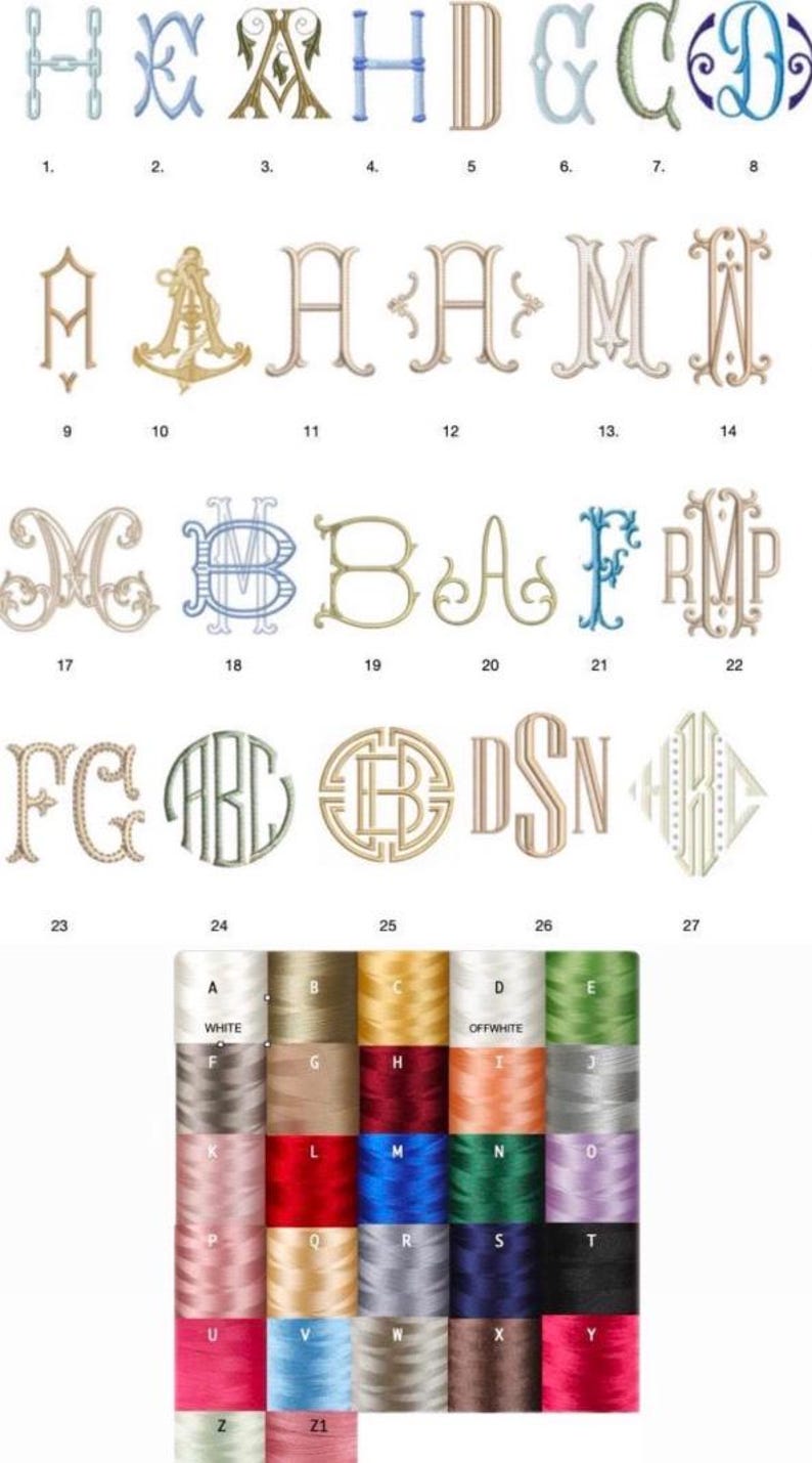 May include: A collection of embroidered monograms and thread spools. The monograms feature various letter combinations in different styles and colors. The thread spools are arranged in a grid, showcasing a range of colors, including white, red, and blue.