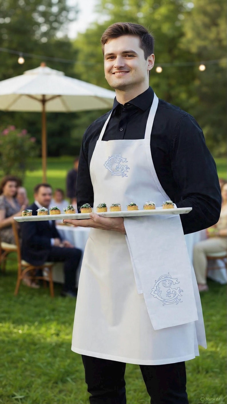 May include: A server wearing a white apron with an embroidered design and a black shirt carries a tray of appetizers. The appetizers are small, round, and topped with green herbs. The scene takes place outdoors, with a white umbrella and seated guests in the background.
