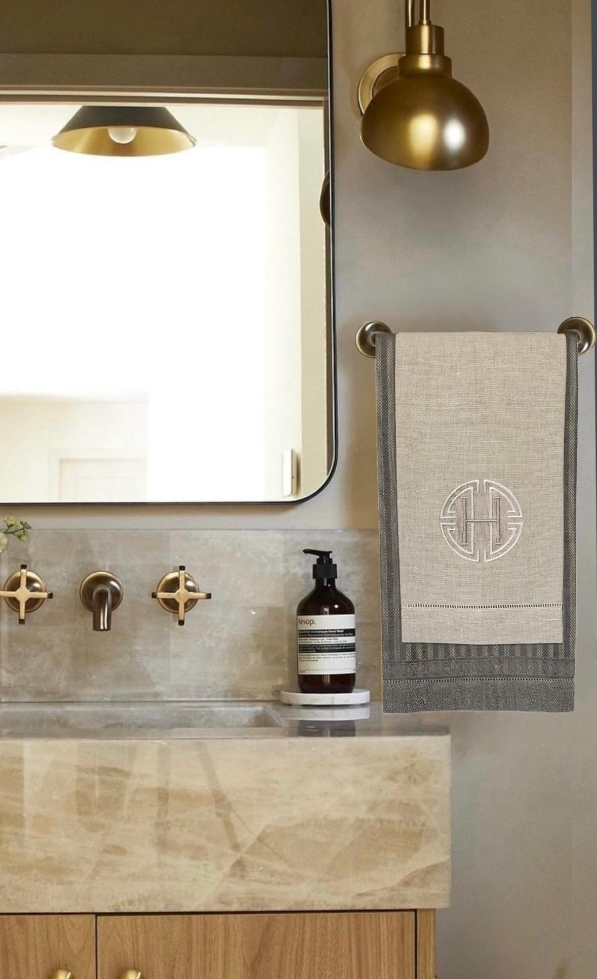 Linen Monogrammed Hand towel Embroidered Personalized towel bathroom decor unique gifts