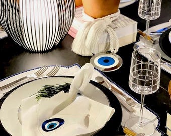 Evil eye Amulet linen napkin Talisman Embroidered Nazar Evil Eye dinner napkins Table setting good luck Napkins brodées Serviette en lin