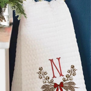 Weihnachten bestickter Baumwollkugelzweig und Weizenkranz-Handtuch Personalisiertes Gästehandtuch mit Weizenkranz-Dekor