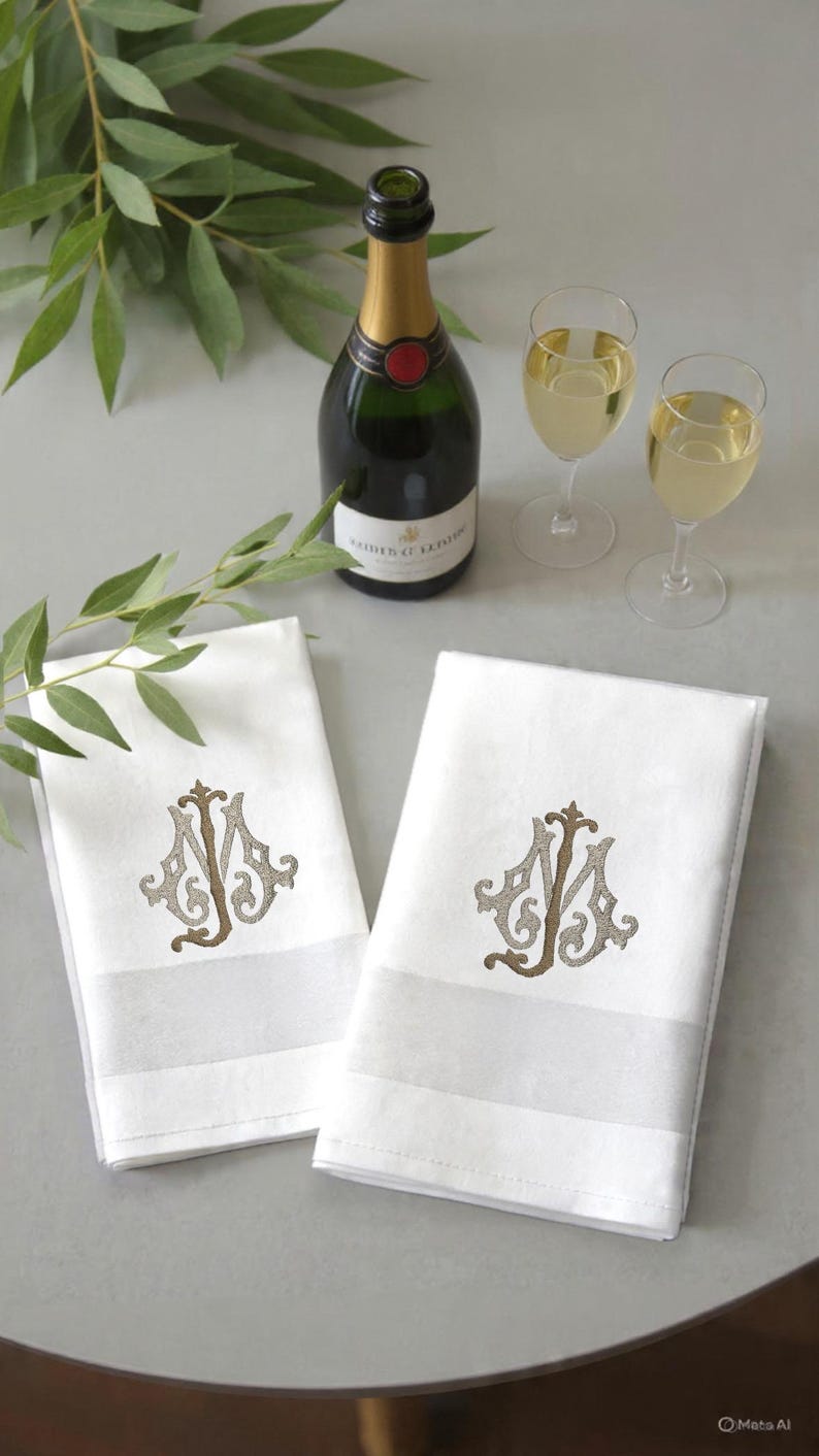 May include: Two white monogrammed napkins with a champagne bottle and two glasses of champagne. The napkins have a decorative border and a brown and tan monogram. Green leaves are in the background.