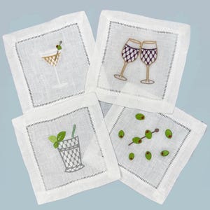 Serviettes de table cocktail brodées Cocktails en lin Serviettes cocktail brodées Cocktails ajourées avec monogramme