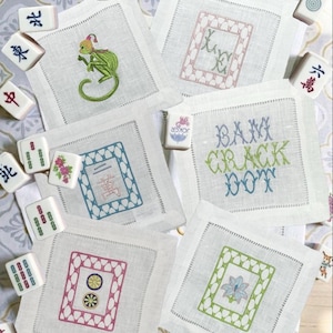 Mahjong tiles embroidered Cocktail Napkins Hand towels personalized Coasters host gift brodées Serviette en lin Aperitivo coasters image 2