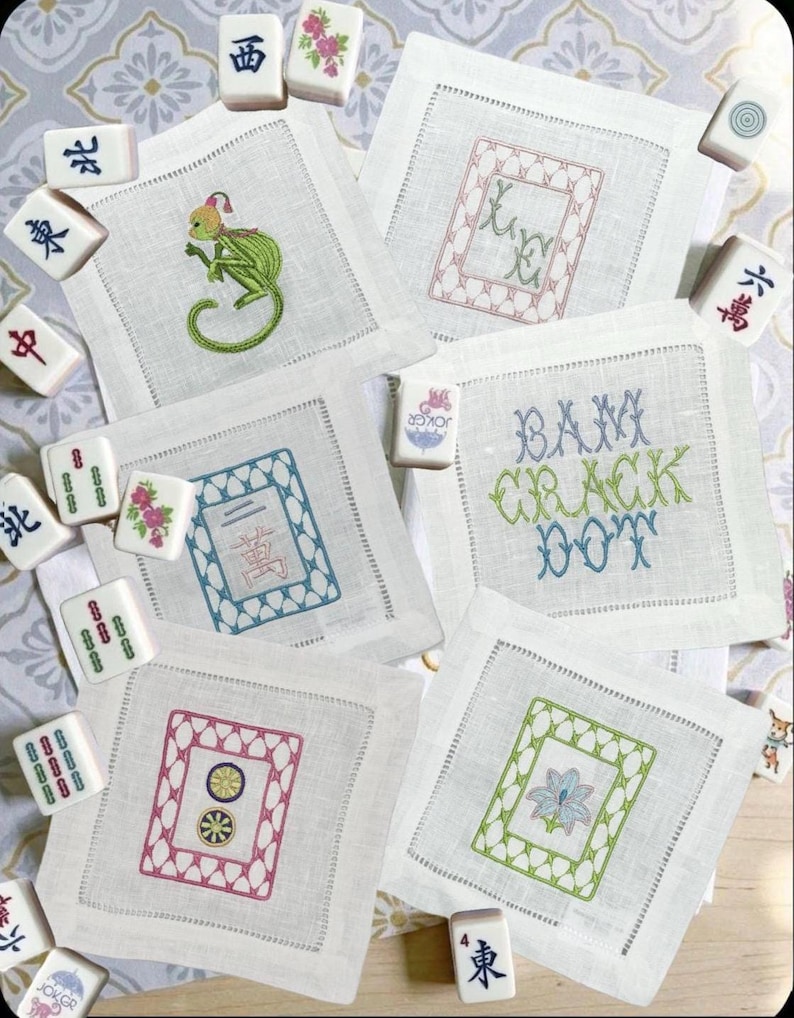 Mahjong tiles embroidered Cocktail Napkins Hand towels personalized Coasters host gift brodées Serviette en lin Aperitivo coasters image 2