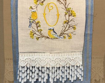 Bird on branch wreath embroidered towel Personalized monogrammed finger towel embroidered bird on branch bathroom decor unique gifts