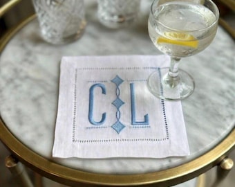 Linen hemstitched Cocktail Napkins Monogram Cocktail Napkin Embroidered Cocktail Napkin/Cocktail brodées Serviette en lin/Aperitivo coasters