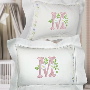 Embroidered pastel roses hemstitched boudoir Baby pillow Baby&#39;s Nursery Linen pillow newborn babies Heirloom crib baby announcement pillow