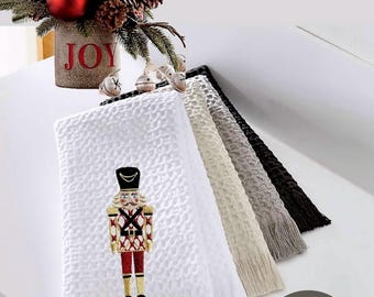 Christmas Personalized linen guest towels embroidered nutcracker monogram bathroom towels festive embroidery designs guest bathroom towels