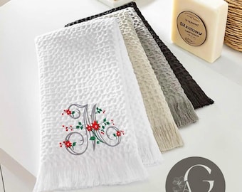 Christmas Personalized linen guest towels embroidered poinsettia monogram bathroom towels festive embroidery designs guest bathroom towels