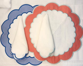 Scalloped Linen Embroidered Placemats round linen placemat Embroidered linen Placemat Hanukkah placemats