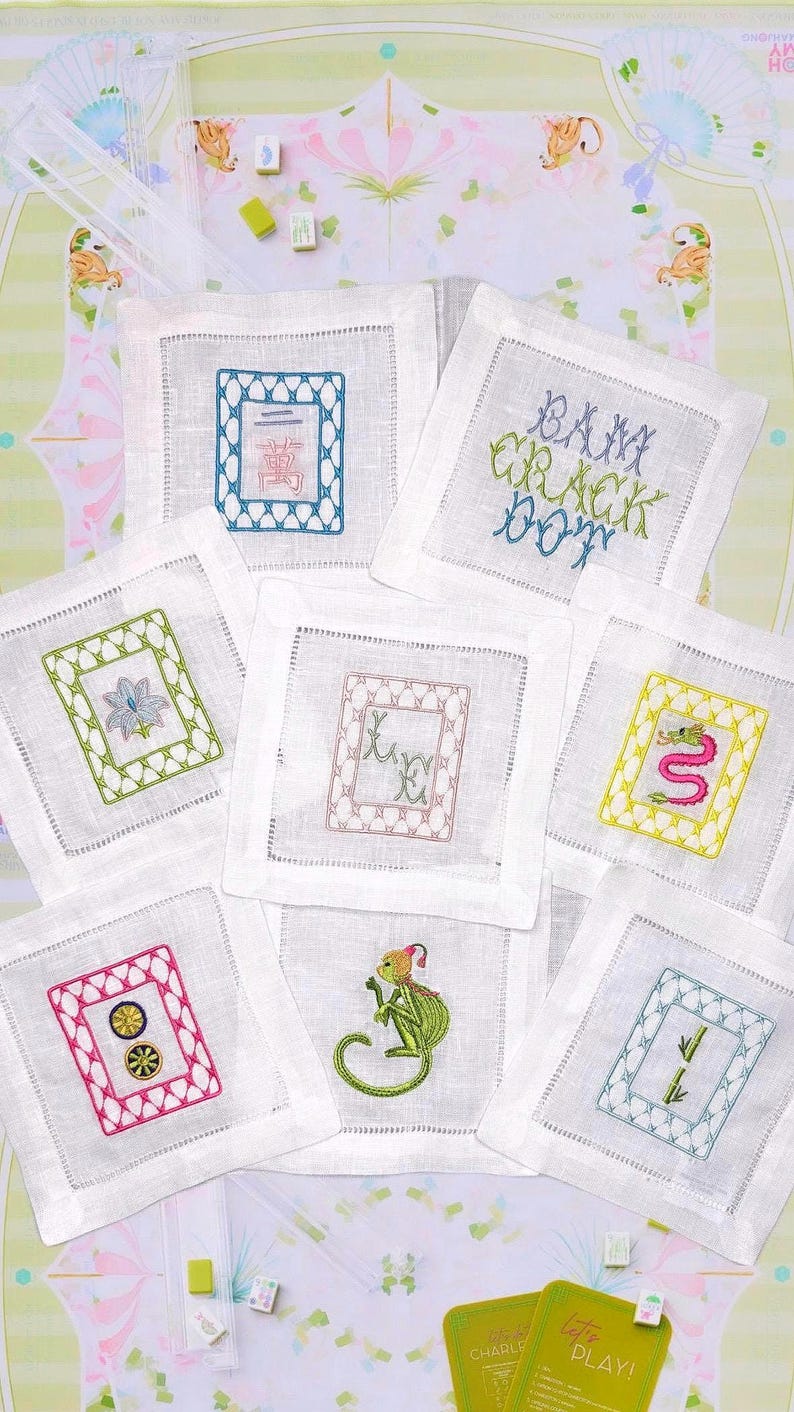 Mahjong tiles embroidered Cocktail Napkins Hand towels personalized Coasters host gift brodées Serviette en lin Aperitivo coasters image 1