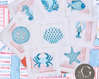 Linen hemstitched Cocktail Napkins Coastal Cocktail Napkins Embroidered Cocktail Napkin/Cocktail brodées Serviette en lin/Aperitivo coasters