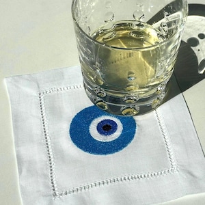 Evil Eye Amulet Linen hemstitched Cocktail Napkins Nazar Evil Eye coasters Embroidered Cocktail Napkins brodées Serviette en lin Aperitivo image 6