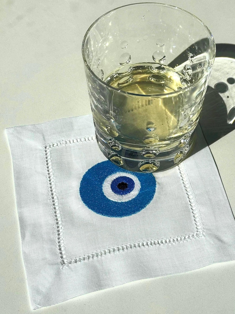 Evil Eye Amulet Linen hemstitched Cocktail Napkins Nazar Evil Eye coasters Embroidered Cocktail Napkins brodées Serviette en lin Aperitivo image 6