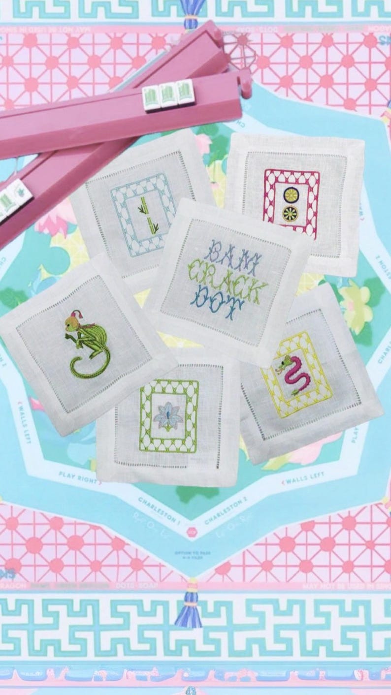 Mahjong tiles embroidered Cocktail Napkins Hand towels personalized Coasters host gift brodées Serviette en lin Aperitivo coasters image 8