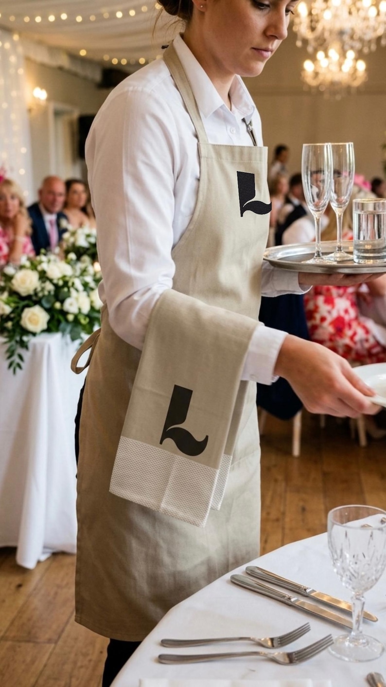 May include: A server wearing a beige apron and matching towel, both with a black "L" design. The server is holding a tray with glasses and a plate, in a well-lit room with a wedding reception in the background.