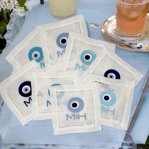 Evil Eye Amulet Linen hemstitched Cocktail Napkins Nazar Evil Eye coasters Embroidered Cocktail Napkins brodées Serviette en lin Aperitivo image 4
