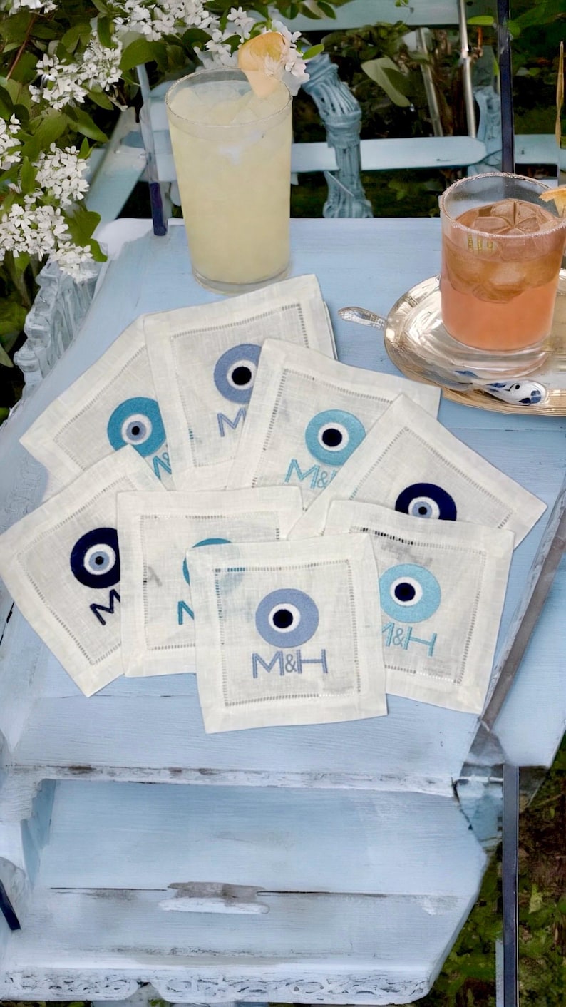 Evil Eye Amulet Linen hemstitched Cocktail Napkins Nazar Evil Eye coasters Embroidered Cocktail Napkins brodées Serviette en lin Aperitivo image 4