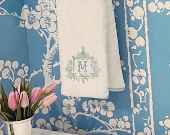 Embroidered Chinoiserie Temple Pagoda Monogram wheat Pagoda Bamboo Frame Personalized Hand Kitchen towel decor guest towels Asian embroidery