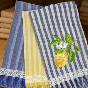 Embroidered Lemon Linen Hand Towel: Striped Kitchen & Powder Room Decor