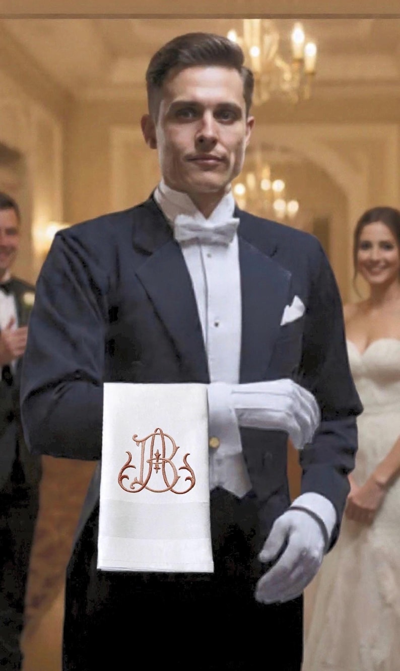 May include: A formal event scene featuring a person in a tuxedo holding a white towel. The towel has a brown monogram design. The person is wearing white gloves and a bow tie. The background is blurred.