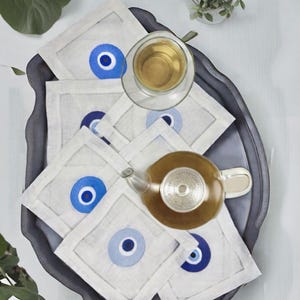Evil Eye Amulet Linen hemstitched Cocktail Napkins Nazar Evil Eye coasters Embroidered Cocktail Napkins brodées Serviette en lin Aperitivo image 1