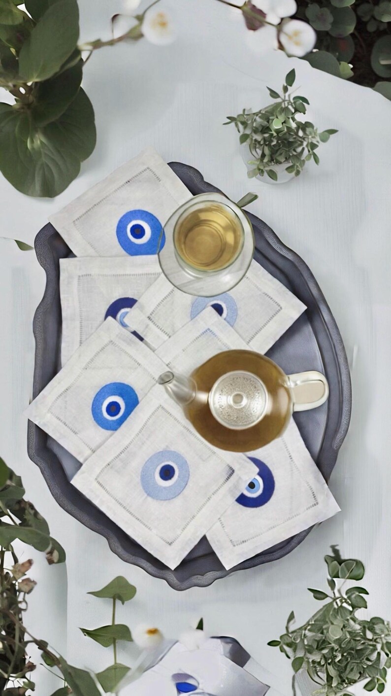 Evil Eye Amulet Linen hemstitched Cocktail Napkins Nazar Evil Eye coasters Embroidered Cocktail Napkins brodées Serviette en lin Aperitivo image 1