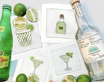 Tequila Embroidered Linen Cocktail Napkins Embroidered Cocktails hemstitched Monogramed Cocktail Napkins brodées Aperitivo coasters
