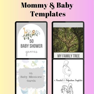 Paquete de plantillas para mamá y bebé: tarjetas con hitos del bebé, planificador prenatal y posparto, juegos para baby shower, plantillas de árboles genealógicos, regalo digital