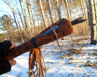 Kyanite Talking Stick, Cherry Burl wood Shaman Wand with Crystals, Copper, Native American