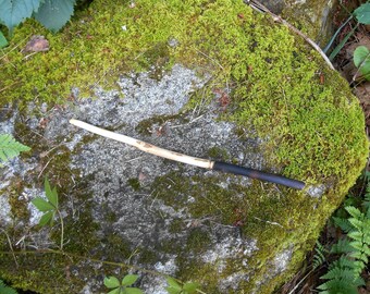 Könnte beinhalten: Ein schlanker Holzstab mit einem Griff aus hellem Naturholz, der in eine glatte, verkohlte schwarze Oberfläche zur spitz zulaufenden Spitze hin übergeht. Das Objekt zeigt eine leicht geschwungene, organische Form mit sichtbarer Holzmaserung.