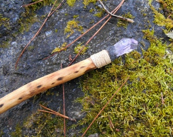 Spalted Maple Wood Wand with Amethyst Crystal, Wicca