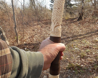 Hand Carved Walking Stick, Tree of Life Birch Hiking Staff, Fine Art Wood Carving, Shaman Elder Staff