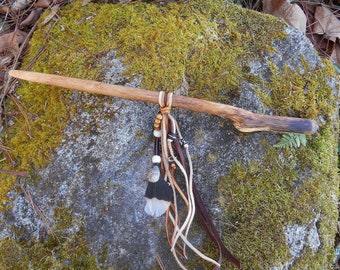 Talking Stick, Ceremonial Wand of Ash Wood with bone Beads, Leather, Feather