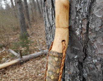 Walking stick, Maple Wood Hiking Staff with Braided Leather Lanyard and Bark wrap