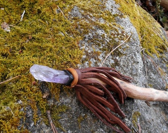 Spalted Maple Wood Wand with Amethyst Crystal, Leather and Beads, Wicca, Pagan, Druid