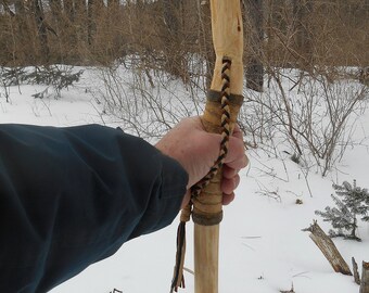 Ash Walking stick, Tall Natural Ash Wood Staff for Nature hikes, Trail Hiking, Braided Leather and Bark Grip