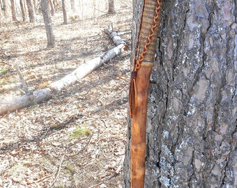 Walking Stick for Trail Hiking, Tall Oak Wood Staff with Worm Tracks, Braided Leather and Bark Grip, survivor stick