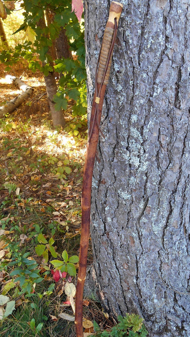 Wood Walking Stick: Bark Grip, Leather Lanyard, Spruce Hiking Staff - Etsy