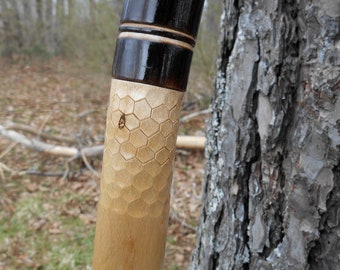 Hand Carved Walking Stick, Birch wood Hiking Staff with Leather Wrap Grip