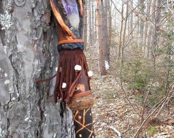 Crystal Shaman Staff, Maple Hiking stick with Amethyst, Leather, Bone Beads, Arrowhead, handmade