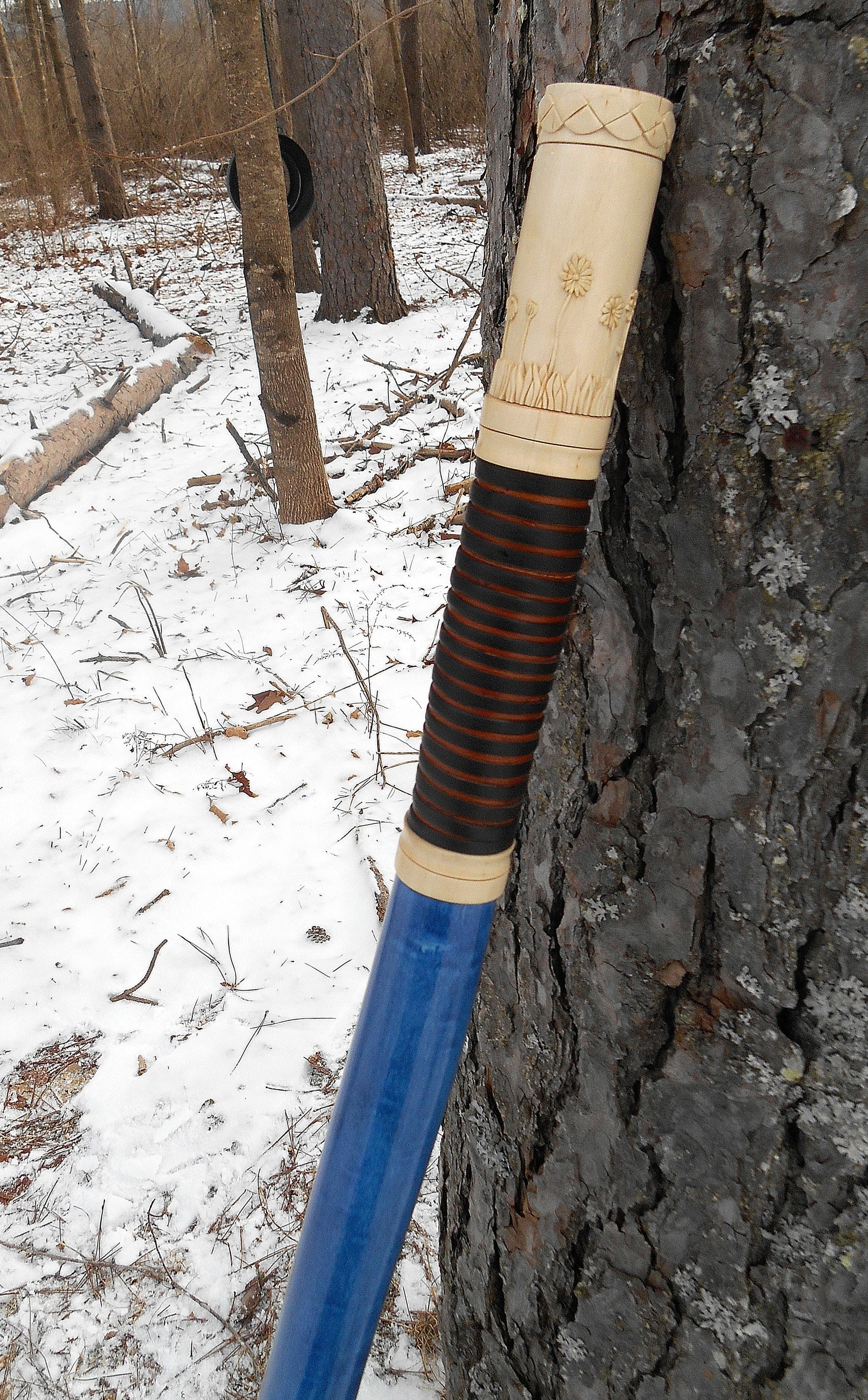 Hand Carved Walking Stick: Birch Wood Staff with Flower Carvings