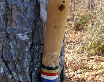 Hand Carved Hiking Staff Walking Stick, White Birch wood with Color Leather Hand grip