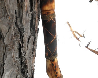 Burnt Maple Fire Staff with Leather, Tall Walking stick for nature hikes, trail hiking, 61", gift for hiker