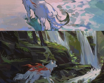 May include: A digital painting depicting three white foxes with red and orange flames. The first fox is standing on a sandy beach with blue water in the background. The second fox is standing in a forest with a waterfall in the background. The third fox is running through a field of white flowers.