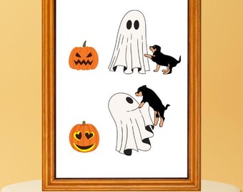 Puede incluir: Dos ilustraciones de un fantasma con un perro negro. El perro lleva un disfraz de fantasma en una ilustración. La otra ilustración tiene una calabaza con una cara en forma de corazón.